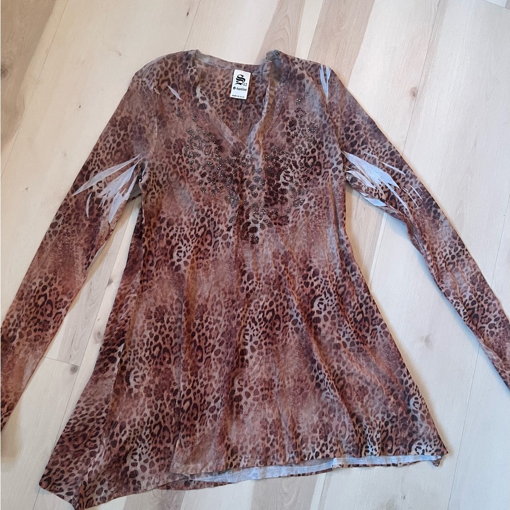 Y2K S-Twelve Sheer Brown Leopard Tunic with V Neck Collar and Embellishments